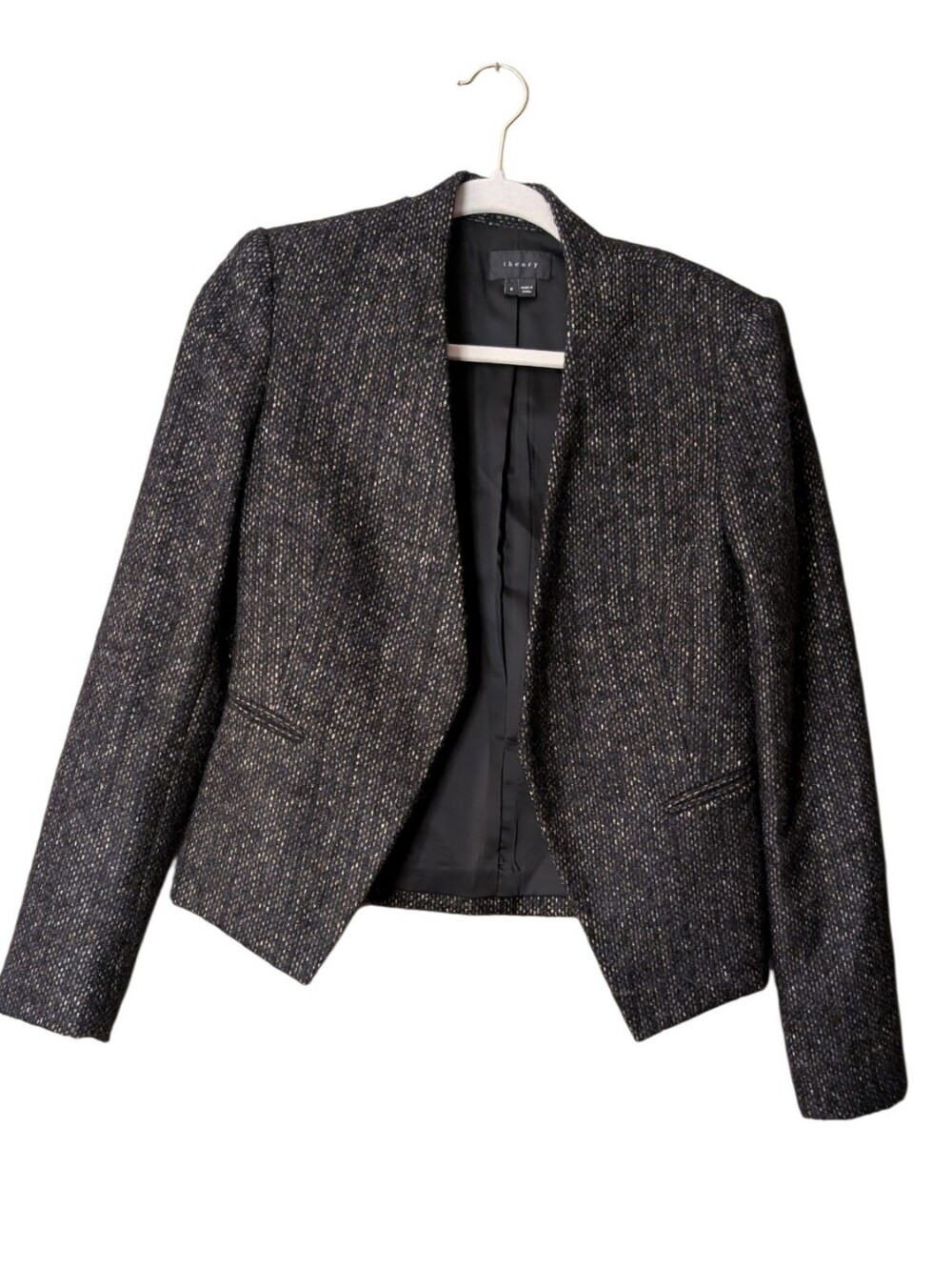 Theory Charcoal Gray Wool Tweed Cropped Blazer Jacket Lanai Suit Coat size 6